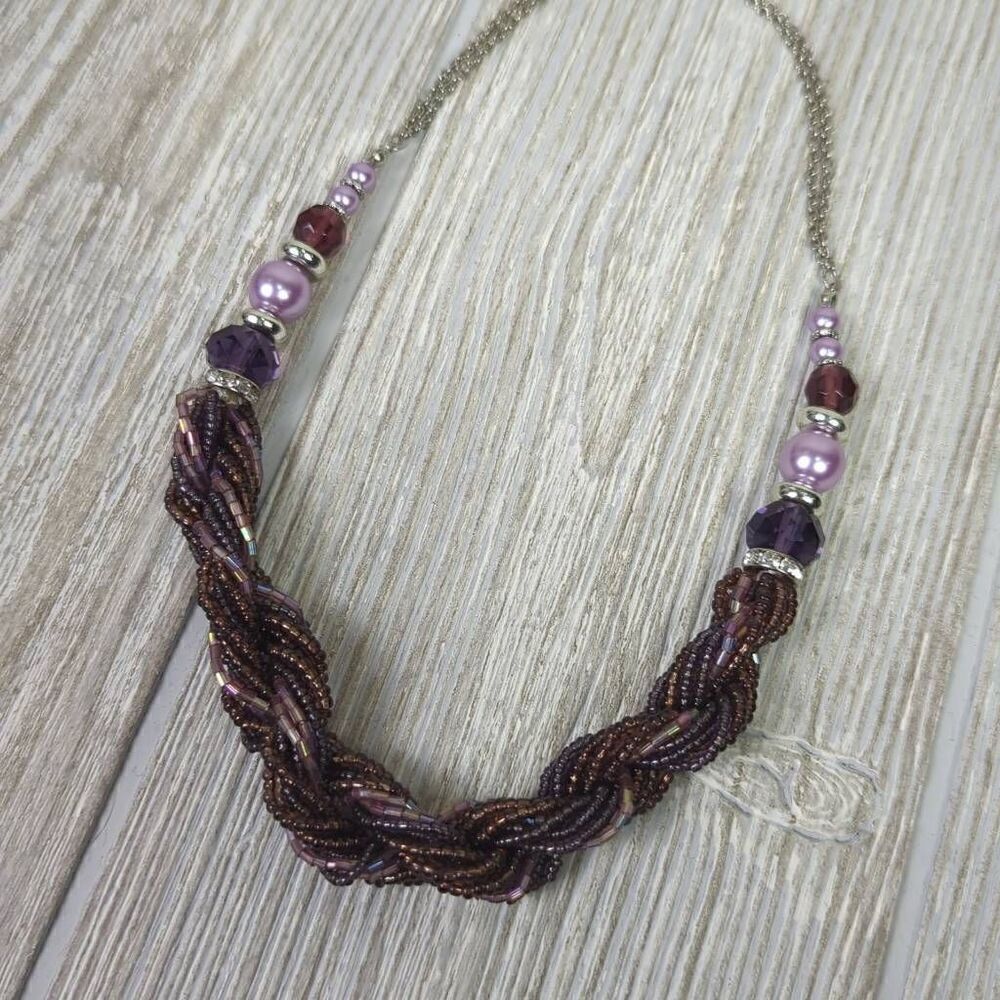 Purple Seed Bead Chunky Braided Necklace Statement Piece Fashion